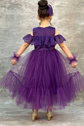 Riccotarz Girl's Purple Evening Dress with Transparent Collar, Off-the-Shoulder, and Guipure Embroidered Sleeves