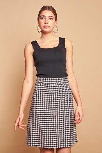 Jument Women's Tweed Fabric High Waist A-Line Skirt-Black Houndstooth