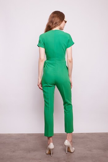 Jument Shawl Collar Drop Shoulder Lace Up Ankle Length Stylish Cotton Lycra Fabric Jumpsuit - b.green