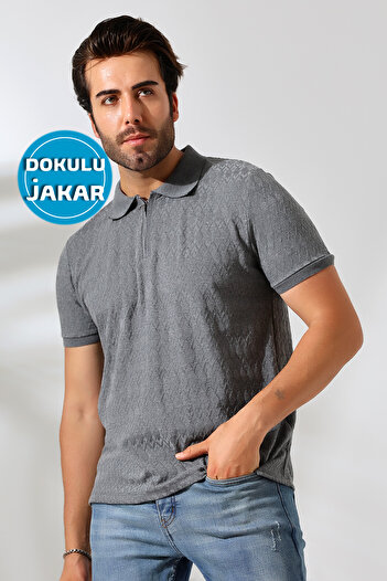 GW Bernal Men's Polo Collar Zippered Gray T-Shirt - Soft Textured Regular Fit