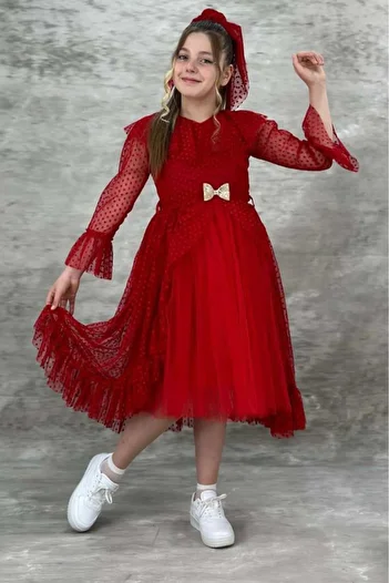 Riccotarz Girl's Guipure Detailed Red Evening Dress with Frilly Collar and Polka Dot Skirt with Fluffy Tulle