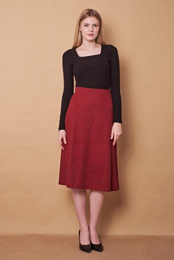 Jument Women's Winter Wool Jacquard Light Lycra Fabric High Waist Long Bell Skirt - Burgundy Houndstooth