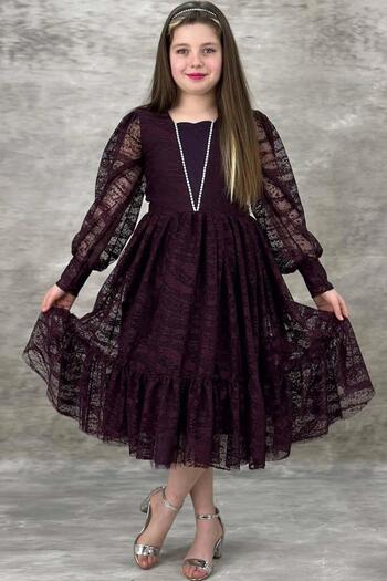 Riccotarz Girl's Plum Evening Dress with Transparent Sleeves, Pearl Beaded Neck and Ruffled Hem