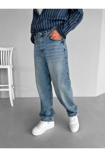 ablukaonline Erkek Baggy Fit Dikişli Yıkamalı Jean Kot Pantolon Mavi