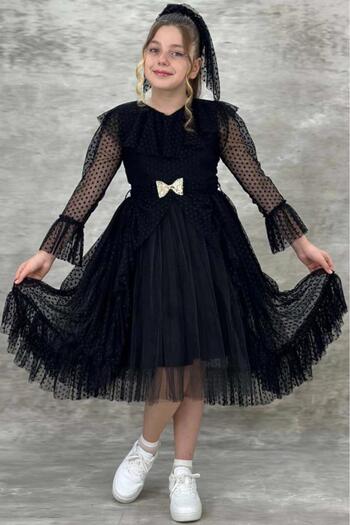 Riccotarz Girl's Guipure Detailed Black Evening Dress with Frilly Collar and Polka Dot Skirt with Fluffy Tulle