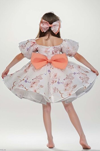 Riccotarz Orange Floral Patterned Girl's Evening Dress with Balloon Sleeves and Fluffy Tulle Boat Neck