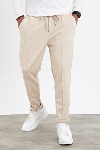 MADZEYMODA New Season Men's Suede Double Leg Grass Detailed Beige Trousers Mz22036