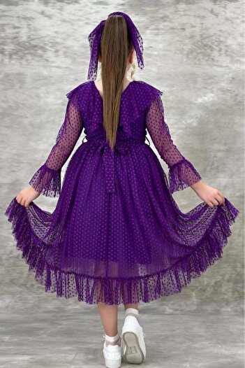 Riccotarz Girl's Guipure Detailed Purple Evening Dress with Frilly Collar and Polka Dot Skirt with Fluffy Tulle