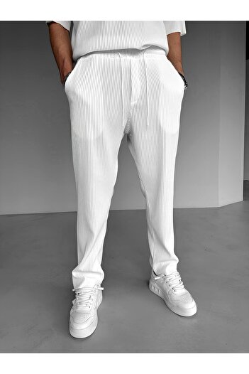 ablukaonline Ecru Men's Baggy Fit Ribbed Comfortable Trousers