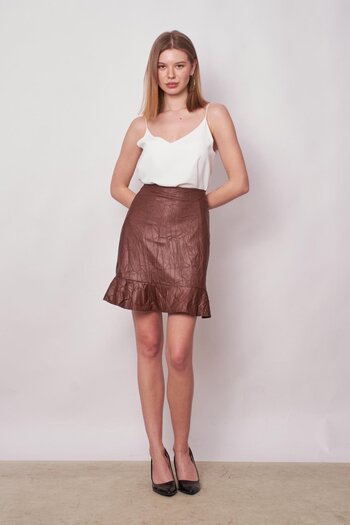 Jument Women's Craş Leather High Waist Skirt Flounced Lined Pencil Skirt (length: 50cm +-2cm) - Tan
