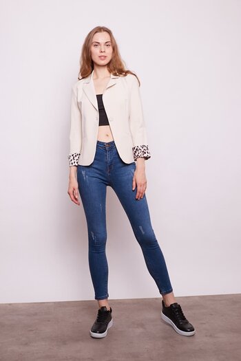 Jument Collared Flato Pocket Double Long Sleeve Office Stylish Blazer Fabric Jacket-stone