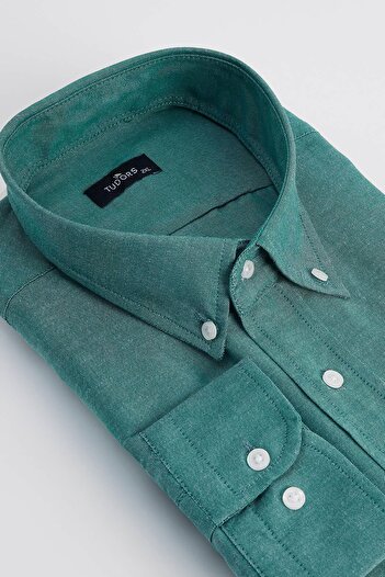 Tudors Men's Big Size Large Size Embroidered Oxford Texture Pocket Green Collar Buttoned Shirt