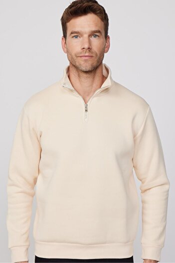 Tudors Unisex Relax Fit Rahat Kesim Pamuklu Içi Polarlı Yarım Fermuarlı Ekru Dik Yaka Sweatshirt