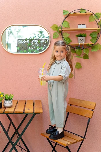Cigit 2-7 Years Mint Green Collared Pleated Jumpsuit