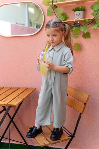 Cigit 2-7 Years Mint Green Collared Pleated Jumpsuit