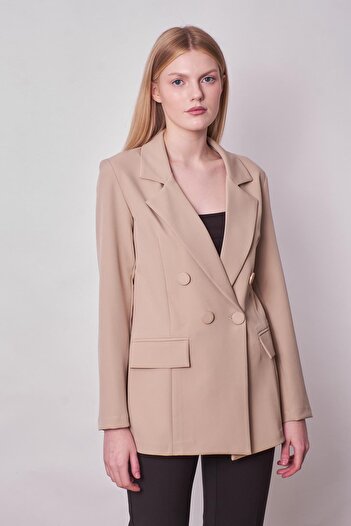 Jument Women's Button Detailed Long Sleeve Stylish Office Ornamental Pocket Flap Fabric Blazer Jacket - Stone