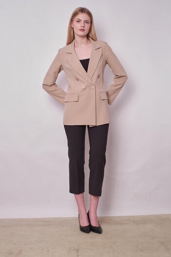 Jument Women's Button Detailed Long Sleeve Stylish Office Ornamental Pocket Flap Fabric Blazer Jacket - Stone