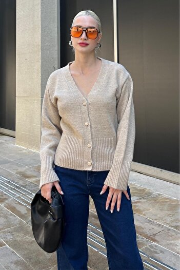 Madmext Beige Buttoned Ribbed Detailed Knitwear Cardigan Mg2199