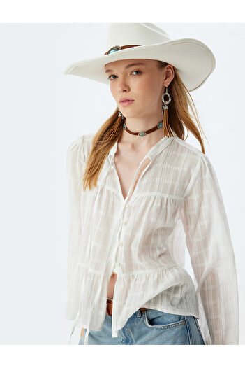 Koton Long Sleeve High Neck Blouse - Lace Detailed and Buttoned Ruffle