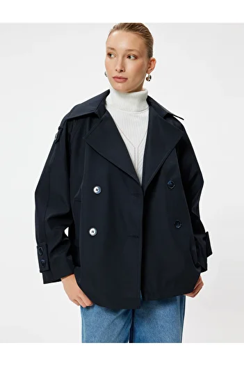 Koton Double Breasted Short Trench Coat with Pockets
