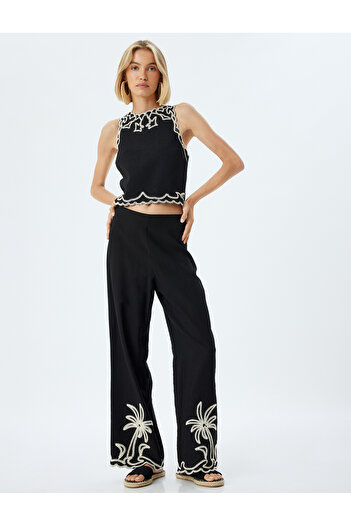Koton Ethnic Patterned Viscose Wide Leg Trousers - Color Contrast