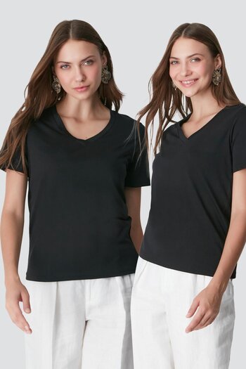 C&City Black V-Neck 2-Piece Basic T-Shirt - 962 Short Sleeve