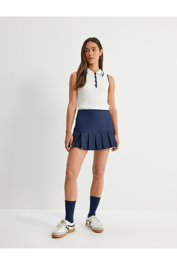 Koton Color Contrast Striped Sleeveless Polo Neck Knitwear Top with Button Detail