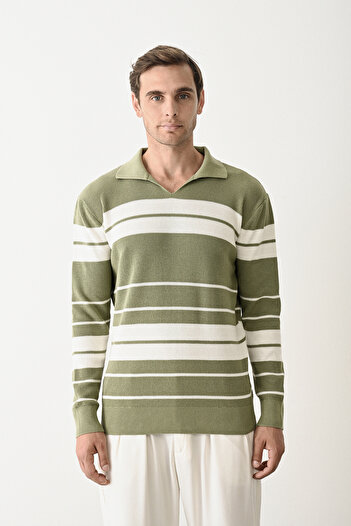 İLKCET MODA V-Neck Premium Striped Knitwear Men's Sweater