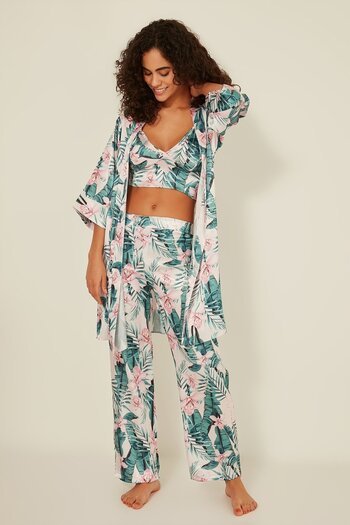 C&City 045 Women's Patterned 3-Piece Satin Pajama Set Ecru/green
