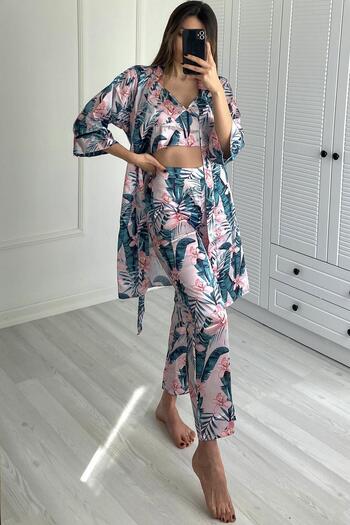 C&City 045 Women's Patterned 3-Piece Satin Pajama Set Ecru/green