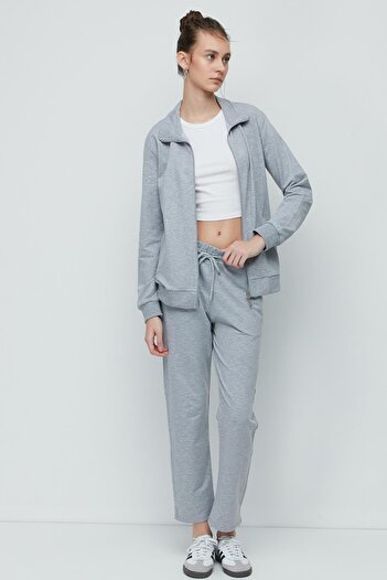 C&City Women's Collared Front Zippered Straight Leg Tracksuit 9701 Gray