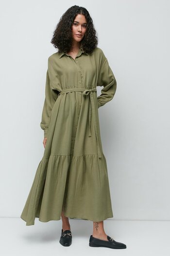 C&City Organic Cotton Muslin Long Sleeve Dress 9128 Khaki