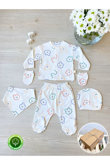 Convolantis Organic Fabric 100% Cotton 5 Piece Newborn Hospital Discharge Rabbit Bodysuit Set - Boxed
