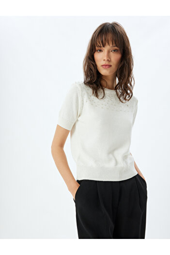 Koton Crew Neck Stone Detailed Knitwear Sweater - Short Sleeve
