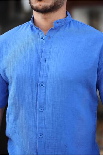 Valiberta Parliament Blue - Judge Collar Muslin Short Sleeve Shirt
