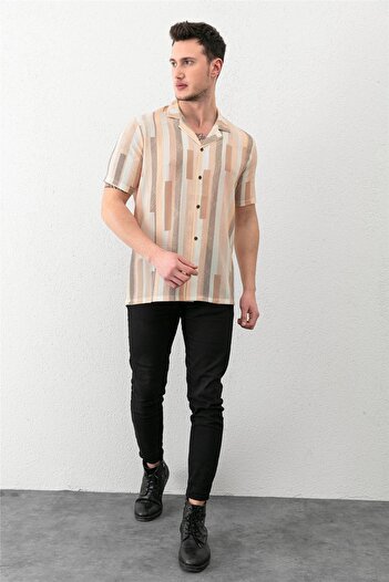 Valiberta Beige Men's Bowling Collar Short Sleeve Regular Fit Shirt