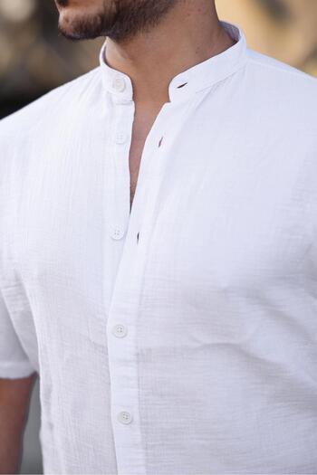 Valiberta White Muslin Fabric High Collar Short Sleeve Shirt