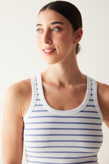 Penti Blue Striped Slim Fit Corded Tank Top