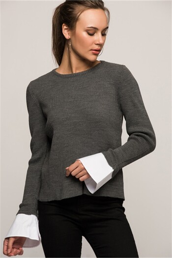 Cotton Mood 7376003 Slim Ribbed Camisole Long Sleeve Blouse with Cuff Trim Fume