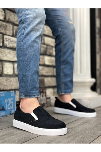 BOA BA0339 - Casual Men's Shoes, Black and White Sole and Laceless Velvet