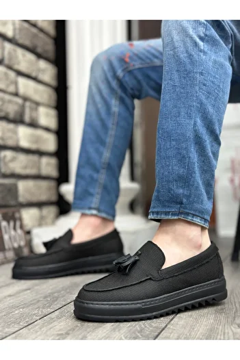 BOA BA0154 Laceless High Sole Black Linen Black Sole Tassel Men's Shoes