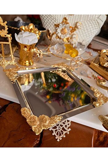 atabey home collection 2 ADET Kahve & Çay & Sunum Tepsisi Metal Döküm Gül Model
