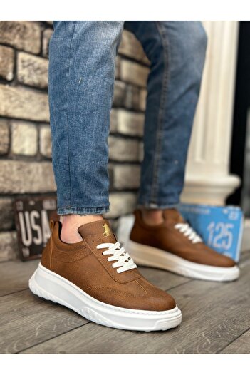 BOA BOA BA0327 - Tan and White Thick High-Sole Lace-Up Men's Sneakers