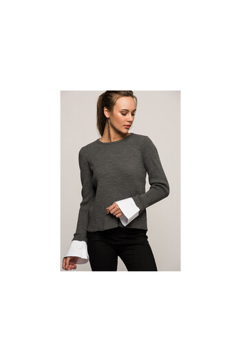 Cotton Mood 7376003 Slim Ribbed Camisole Long Sleeve Blouse with Cuff Trim Fume
