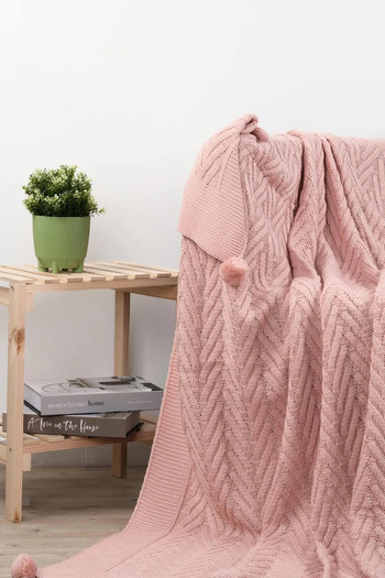 DOUX HOME Leyla Knitwear Knitted Tv Blanket with 4 Pompoms 130 X 170 (Pink)