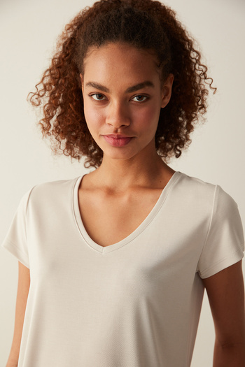 Penti Beige V-Neck Loose Modal T-Shirt