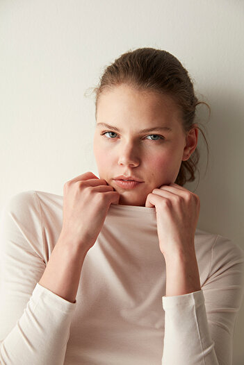 Penti Ecru Half Turtleneck Soft Textured Basic Long Sleeve Top