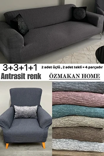 ÖZMAKAN Flexible and Jacquard Cotton Sofa Cover - Stretch Elastic 3 3 1 1 Set