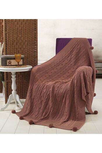 DOUX HOME Sevda Knitwear Knitted Tv Blanket with 10 Pompoms 130 X 170 (Rose)