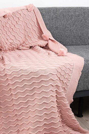 DOUX HOME Meral Knitwear Braided Pompom Tv Blanket 130 X 170 cm (Pink)